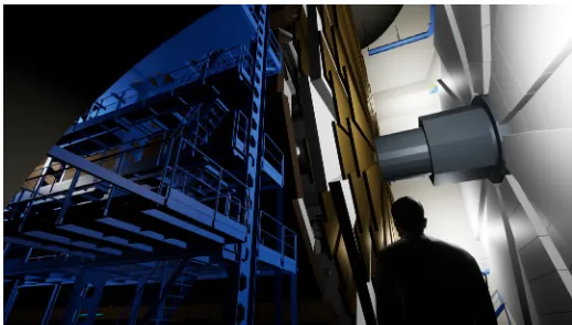 Figure 1. The ATLASrift “Experiment” level: a view of a side of the virtual experimental site from thecavern’s ﬂoor and the end-caps of the ATLAS detector.