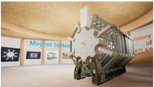 Figure 4. A view of the “Globe” level, showing the ATLAS Barrel Toroid magnet inside the main hall.In the background, posters related to the ATLAS Muon Spectrometer, for which the magnet is used
