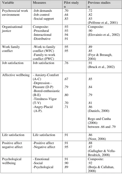 Table 3. 4. Internal consistency of the instrument measures based on the pilot study  
