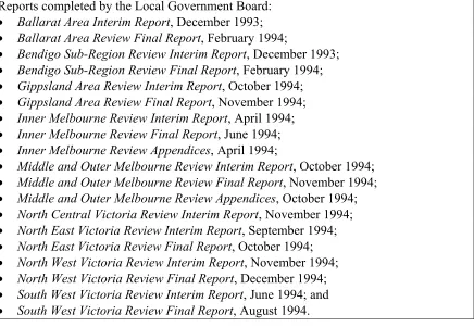Table 2: Reports completed by the Local Government Board (Economic Development Committee 2002, p.256) 