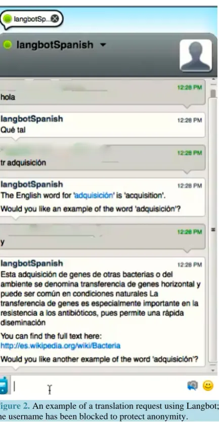 Figure 2. An example of a translation request using Langbot; the username has been blocked to protect anonymity