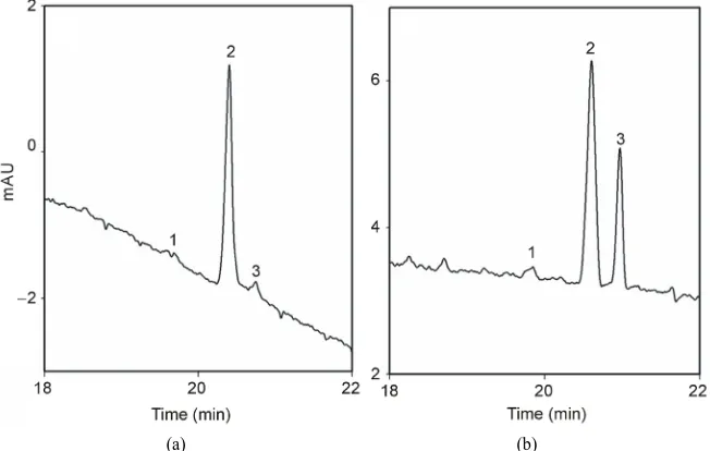 Figure 2. Electropherograms from capillary electrophoresis of peanut oil samples of two lines, (a) Red River Runner (high oleic) and (b) Okrun (non-high oleic)