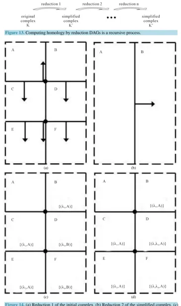 Figure 14. (a) Reduction 1 of the initial complex. (b) Reduction 2 of the simplified complex