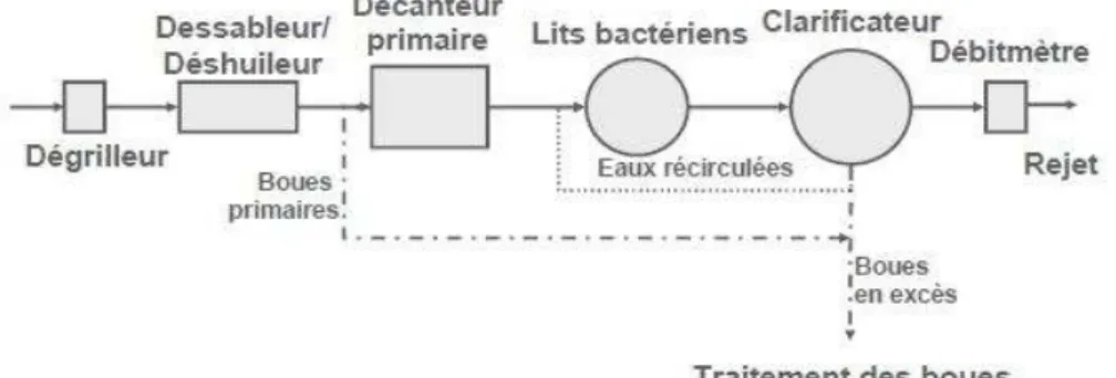 Fig. 2.  Schéma d’une STEP a procédé lit bactérien  3.1.2  C ULTURES LIBRES  ( BOUES ACTIVÉES ) 