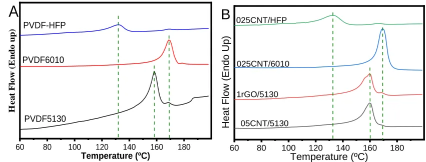 Figure 2. DSC scans of A) neat PVDF 5310, 6010 and HFP and B) corresponding nanocomposites with 