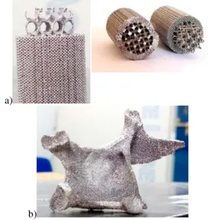 Fig. 16.  Implants SLM-manufactured with lattice  structures: a) Medical grafts with variable porosity,   b) Maxillofacial reconstruction with solid outer boundary 