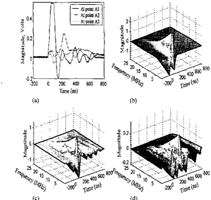 Figure 14. (same (same point pulse propagating along the winding. winding of ferent points; Time-frequency description of a discharge simulating a, PD pulses measured at dif- b, wavelct pattern at point A ,  (a point on the end thc first turn of a coil); c