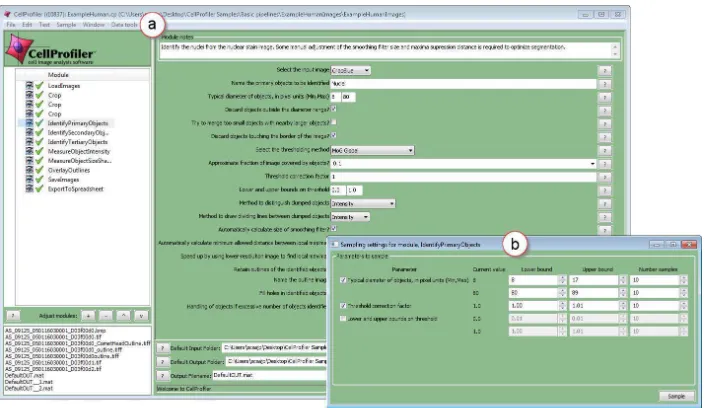 Fig. 2. (a) The CellProﬁler user interface [5, 13]. A pipeline, with its constituent modules, is shown at the left of this interface