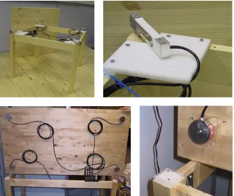 Fig. 5. Coffee table (top) and dining table equipped with load cells (bottom). Close ups of the load cells and how they are fixed (right)