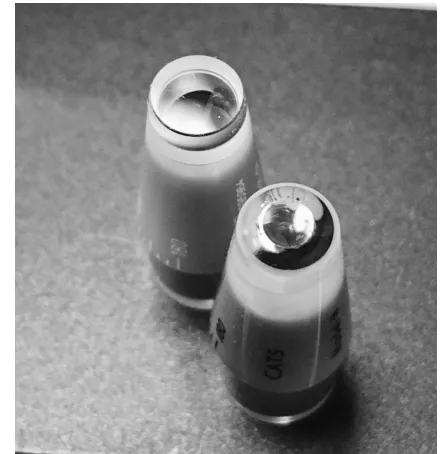 Figure 3 Photograph of the CaTs tonometer prism and gaT prism applanating surfaces.Abbreviations: CaTs, correcting applanation tonometry surface; gaT, goldmann applanation tonometer.