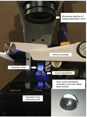 Figure 5 Photograph of applanation tonometry tear film adhesion measurement setup with Perkins tonometer, acrylic hemisphere, scale, and mire imaging microscope.