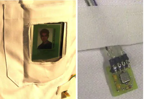 Figure 11. The iPAQ (left), integrated in the front pocket of the lab coat, displays the current state, while (left) accelerometers across the lab coat sense the coat’s movement and position
