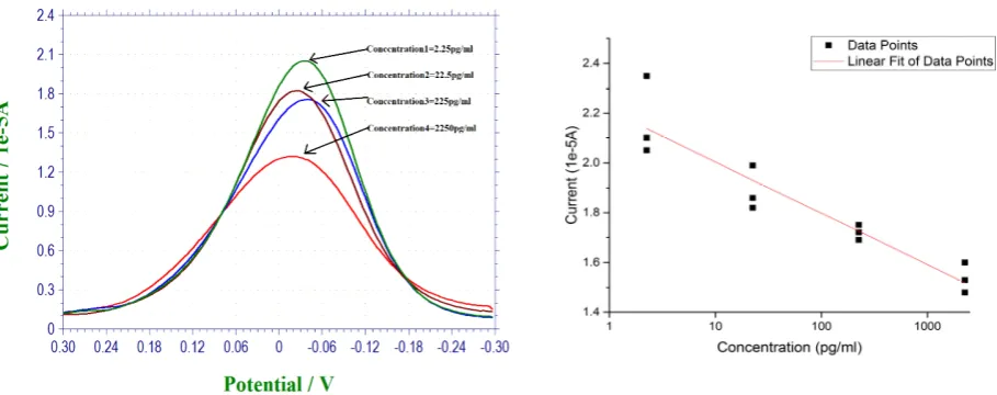 Figure 2. (a) DPV measurement of 17 0.1M PBS solution (b) Calibration curve of the DPV outputs and 17 β-estradiol over the concentration range of 2.25- 2,250pg/mL in β-estradiol concentration in 0.1M PBS solution
