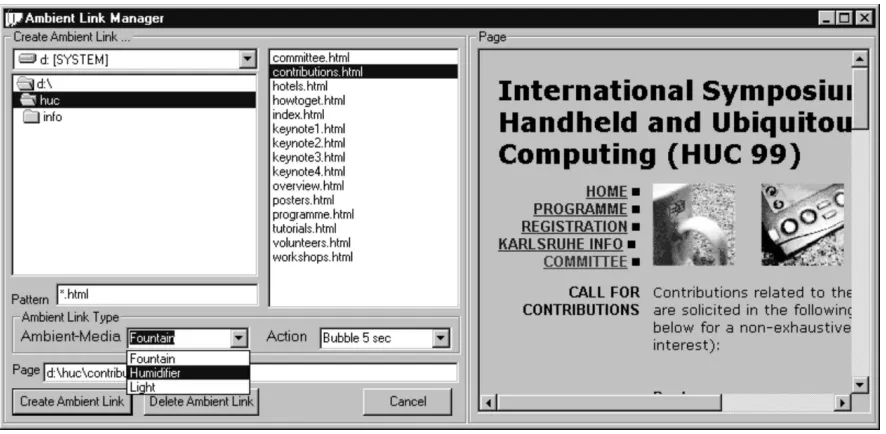 Figure 3: An editor for user controlled creation and deletion of ambient links between eventsin the web space and display effects in the physical work environment.