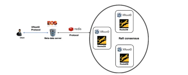 Figure 2. Metadata handling in the new namespace: QuarkDB acts as persistent storage for all ﬁle anddirectory metadata, with the MGM caching hot entries to limit amount of necessary network roundtrips,thus improving performance and responsiveness.