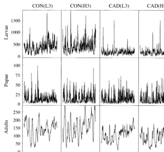 FIG. 4.Stage-speciﬁc abundances of four L. sericata populations, counted every two days over a period of 776 d