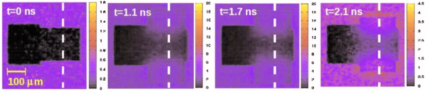 FIG. 14. �circles show simulated results obtained running hydro code CHIC, full onesthe experimental pointsColor online� Comparison of experimental and simulation results.The point at 220 �m shows the initial diameter of the cylinder; empty �dark in print� and the simulated results runningMCNPX MC code using hydro density proﬁles as input.