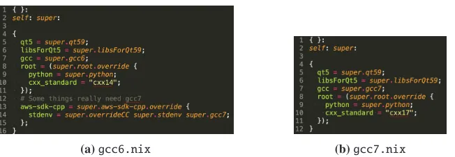 Figure 4: Example overlay deﬁnition ﬁles used to change the default qt and compiler versionas well as the c++ standard