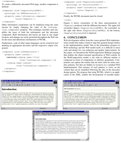 Figure 6: Chapter1 decorated with HTMLDecorator1 (top left), HTMLDecorator2 (top right) and LaTeXDecorator (bottom) 