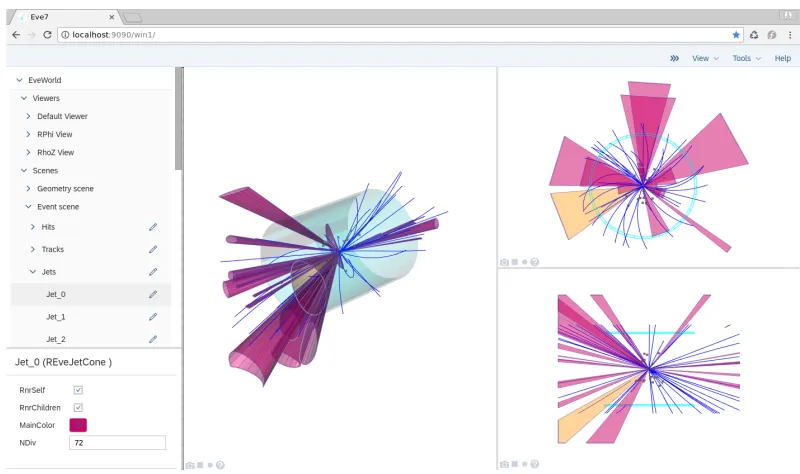 Figure 2. An example of three graphical views with an element editor in the bottom left corner.