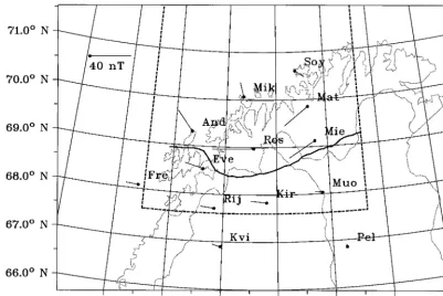 Figure 2.A map of northern Scandinavia showing the Scandinavian Twin Auroral Radar Experiment(STARE) ﬁeld of view (dashed line), the locus of maximum auroral intensity (solid curve), and the locationof the Scandinavian Magnetometer Array (SMA) stations use