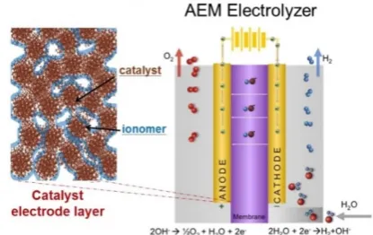 Fig 1.  Catalyst electrode layer and membrane electrode assembly for AEM electrolyzer, where the catalyst is mixed with an ionomer, Reprinted from Artyushkova et al., License Number 4406040674790.14