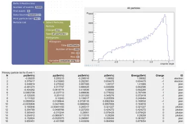 Figure 4. A simple process to explore particle distributions: the process description(upper left), theresulting histogram (upper right) and the particle list (below).