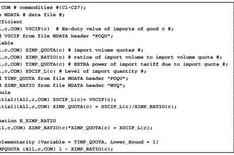 Figure 12 contains a fragment of TABLO code5GEMPACK. The code implements the import quotas which feature in the simulation described inthe next section