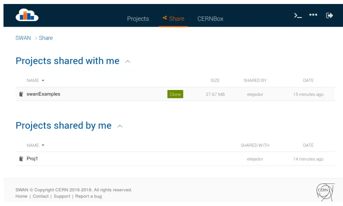 Figure 2. A project is a folder that can contain notebooks and other types of ﬁles. In addition, a projectcan be easily shared with other colleagues: it is enough to specify their names and click on “Share”.