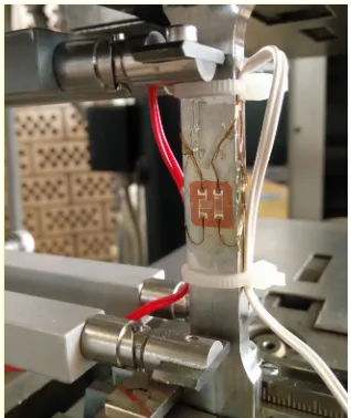 Figure 3: Tensile testing setup with extensometer and strain gauge 