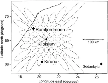 Fig. 1. Locations of the EISCAT sites and of the IRIS at Kilpisja¨rvi ( filled diamonds)