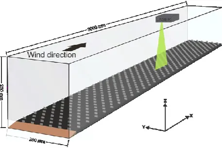 Fig. 1. Wind tunnel with roughness elements (setup M4) and position of the laser sheet