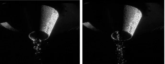 Figure 6. Two images, separated by 500 µs, of the melt delivery nozzle during water atomisation clearly demonstrating prescession of a thin melt filament