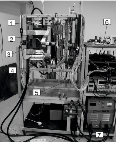 Fig. 2. The cross-section view of the test section: 1 - a front cover, 2,5 - a Teflon plate, 3 - a graphite plate,  4 - a heated plate, 6 - a channel body, 7 - an o-ring,  8 - a temperature measurement by thermocouple sensor,  9 - a glass panel