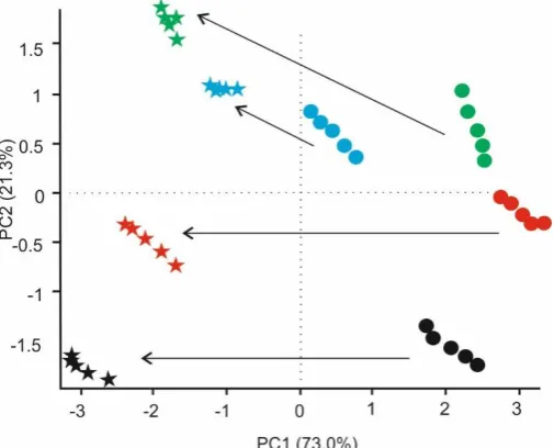 Figure 7. PCA plots for milk samples obtained from voltammetric responses in milks of sample Wlac1: first day (  ), fourth day (  ), sample Wlac2: first day (  ), fourth day (  ), sample SSnolac1: first day (  ), fourth day (  ) and sample SSnolac2: first 