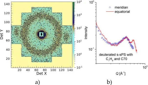 Figure 5. Two-dimensional SANS pattern from a dry s-sPS film containing the co-crystalline -phase with protonated toluene and loaded with C70 fullerenes (a) and one-dimensional scattering profiles from the same sample averaged over the equatorial (line) o