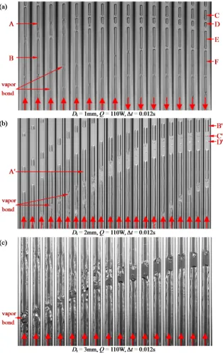 Figure 7. Evolution of flow pattern in the vertical tube at the condenser of the OHPs with different inner diameters
