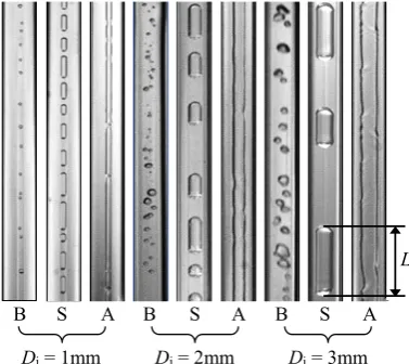 Figure 5. Flow patterns occurring in the OHPs with different diameters. Flow patterns indexes: B: bubbly flow; S: slug flow; A: annular flow