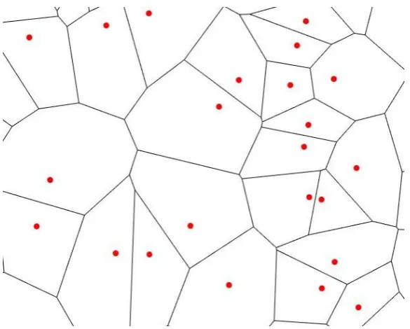Figure 3. Example of the Voronoi tessellation on a set of points [10-11]. Red points represent seeds or nuclei.