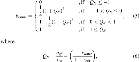 Figure 1.Parameterization of the fractional coverage ofnatural cirrus clouds bcirrus (dashed line), potential contrailsbpotentialcontr (dotted line), and the sum of total natural cirrus andcontrails bpotentialtotal (solid line) in case of rcontr = 0.5, rcrit = 0.8and constant qcf.