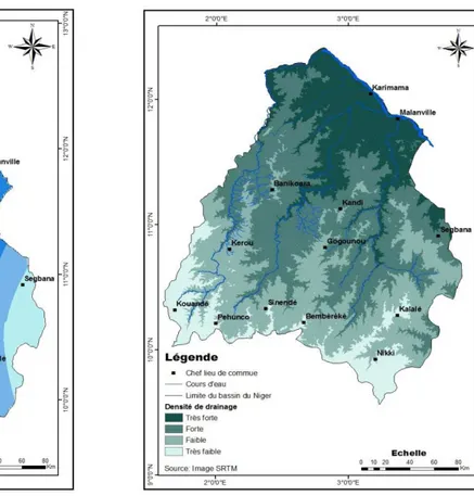 Fig. 3.  Répartition spatiale de la pluviométrie annuelle dans  le bassin du Niger au Bénin entre (1960-2009)   