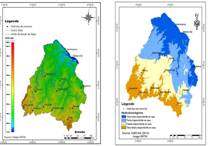 Fig. 5.  Altimétrie du bassin du Niger au Bénin  Fig. 6.  Disponibilité en eau de surface dans le bassin du  Niger au Bénin 