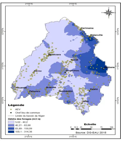 Fig. 9.  Répartition spatiale du débit des forages dans le bassin du Niger au Bénin 