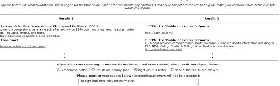 Figure 1 - Screen shown to MTurkers: containing query, subtopic, instructions, paired rankings, input buttons, and text box