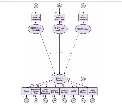 FIGURE 3 | Structural equation model predicting executivefunctioning with the N2 amplitude, P3b amplitude, and P3blatency