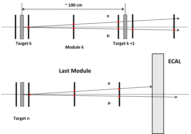 Figure 3. Scheme of a possible detector layout. (a) The detector is a modular system. Each moduleconsists of a low-Z target (Be or C) and three silicon tracking stations within the distance of 50 cm