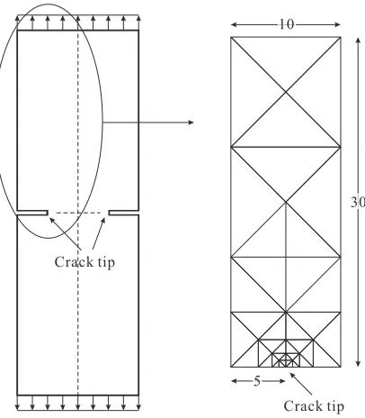 Figure 6: A double edge-cracked elastic plate subject to a uniform tensile stress:just a quarter of the structure is used for the ﬁnite element modeling