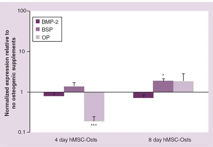 Figure 5. Real-time PCR gene expression of human mesenchymal cells exposed to osteogenicmediaHuman MSCs were cultured in osteogenic supplemented media for 4 and 8 days (hMSC-Osts)