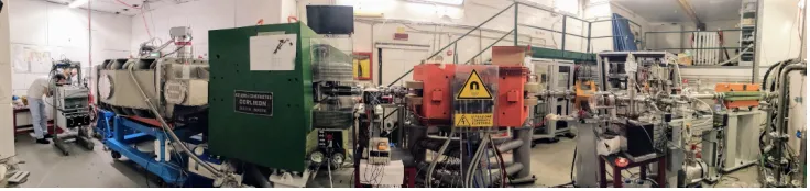 Figure 3. A photograph of the PADME beam line and experimental setup.
