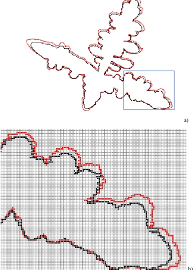 Figure 4. a) Selected crystal branch used in estimation and b) detail of the initial boundary (black) and the boundary estimated from frame 22 (red)